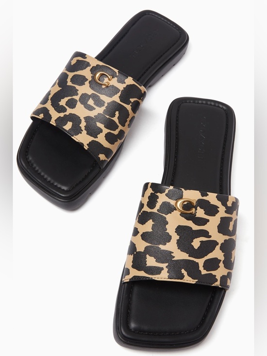 Coach Leopard Print Slide Sandals in Tan and Black
